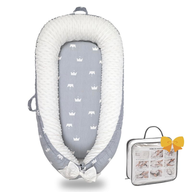 Bubbyhuts Baby Lounger-Breathable and Soft Organic 100% Cotton, Portable Infant Lounger with Removable Lounger Cover, Floor Lounger for Newborn - Grey Crown - Image 1